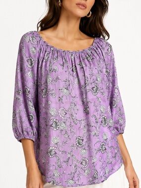J. JILL Lavender Purple Floral Peasant Blouse Size XL